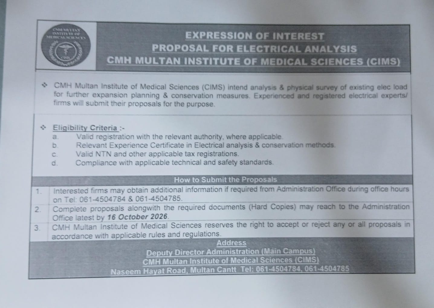 tender - CIMS | CMH MULTAN INSTITUTE OF MEDICAL SCIENCES